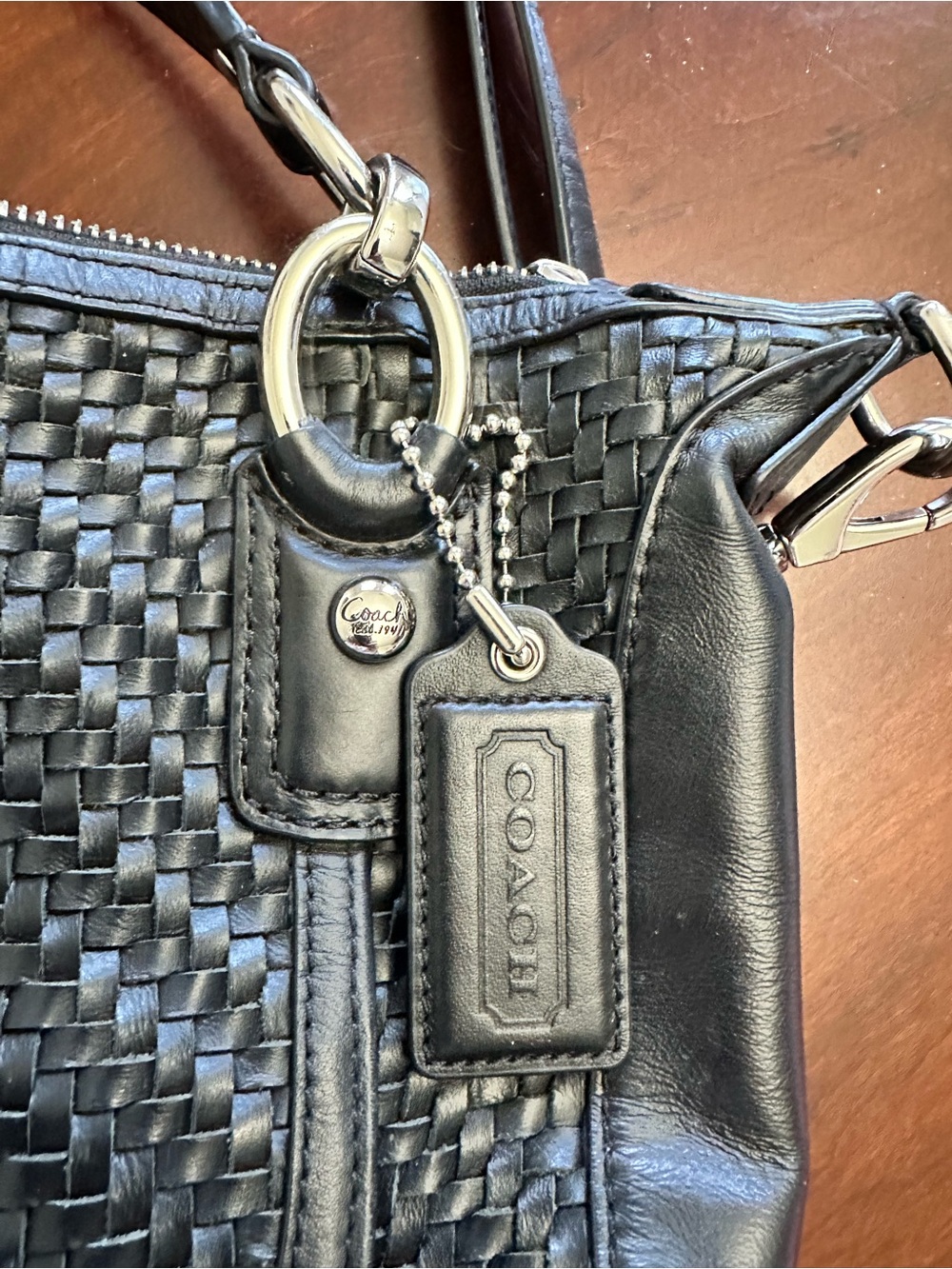 Coach Black Woven Leather Shoulder Bag with Silver Hardware Kristen - Picture 4 of 16